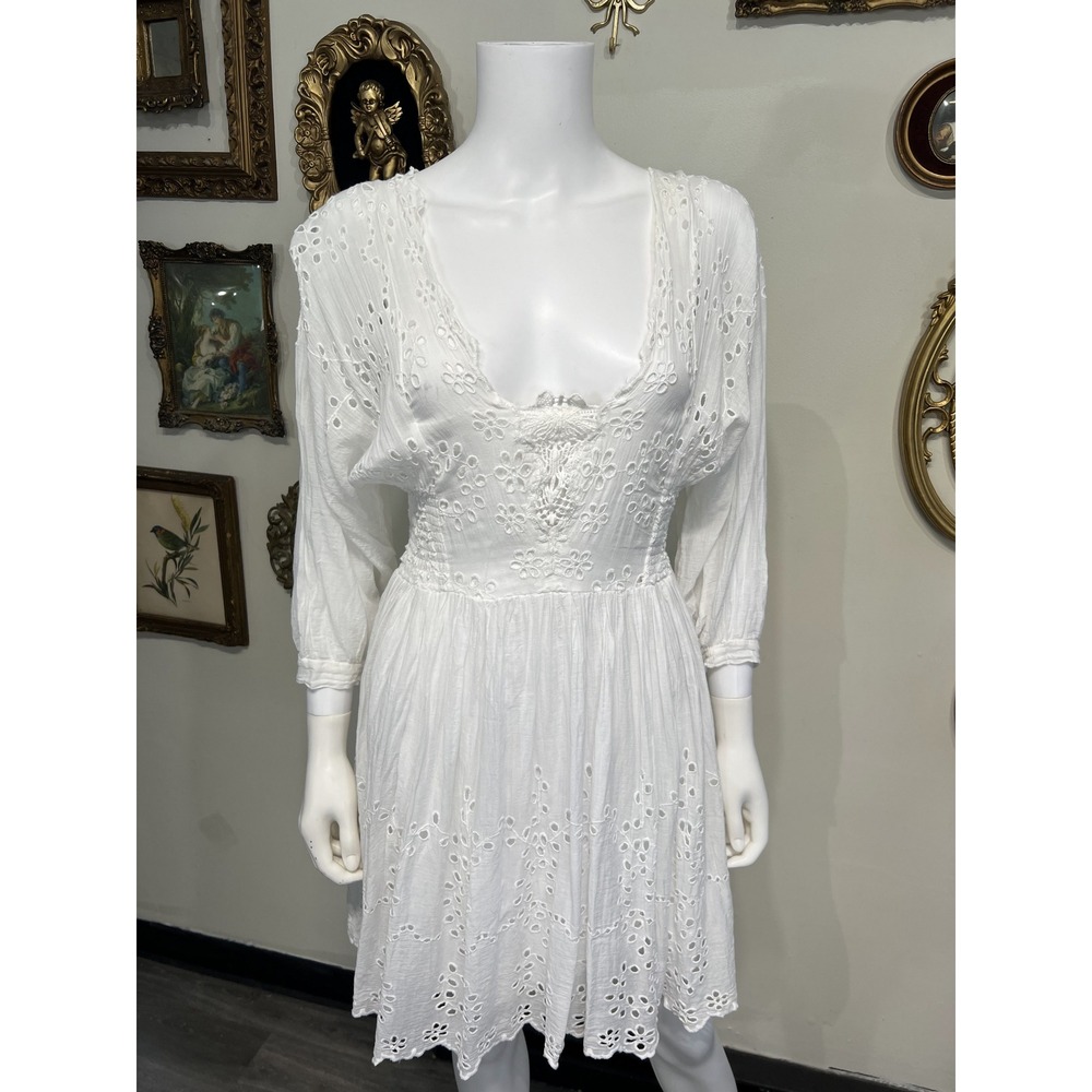 FP One Free People White Eyelet Lace Long Sleeve Mini Dress Size S